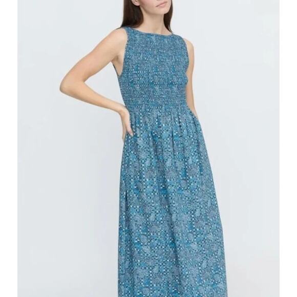 HILL HOUSE Sz S Small Blue Navy Calico Trellis Cosima Nap Dress Midi Cotton - Picture 9 of 9